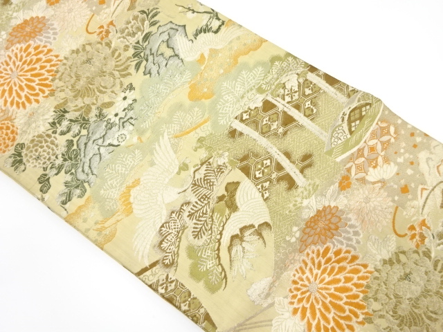 JAPANESE KIMONO / ANTIQUE MARU OBI / WOVEN CRANE & FLOWER